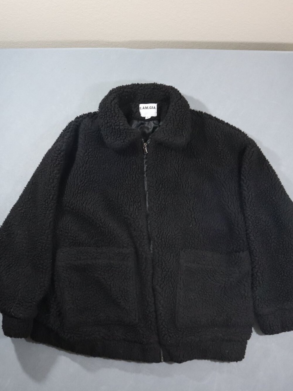 I.AM.GIA Pixie Teddy Coat XS Black Oversized Sherpa Zip Jacket Pockets